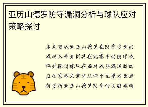 亚历山德罗防守漏洞分析与球队应对策略探讨
